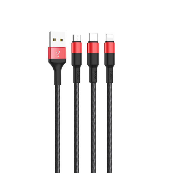 Hoco 3 in 1 Cable (Lightning, Micro-USB & Type-C)- X26 Black & Red