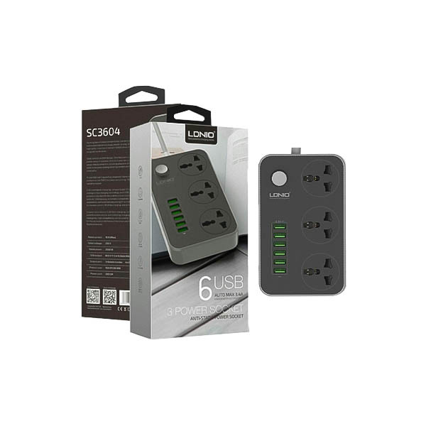 LDNIO 6 USB Charger with 3 Power Sockets - SC3604